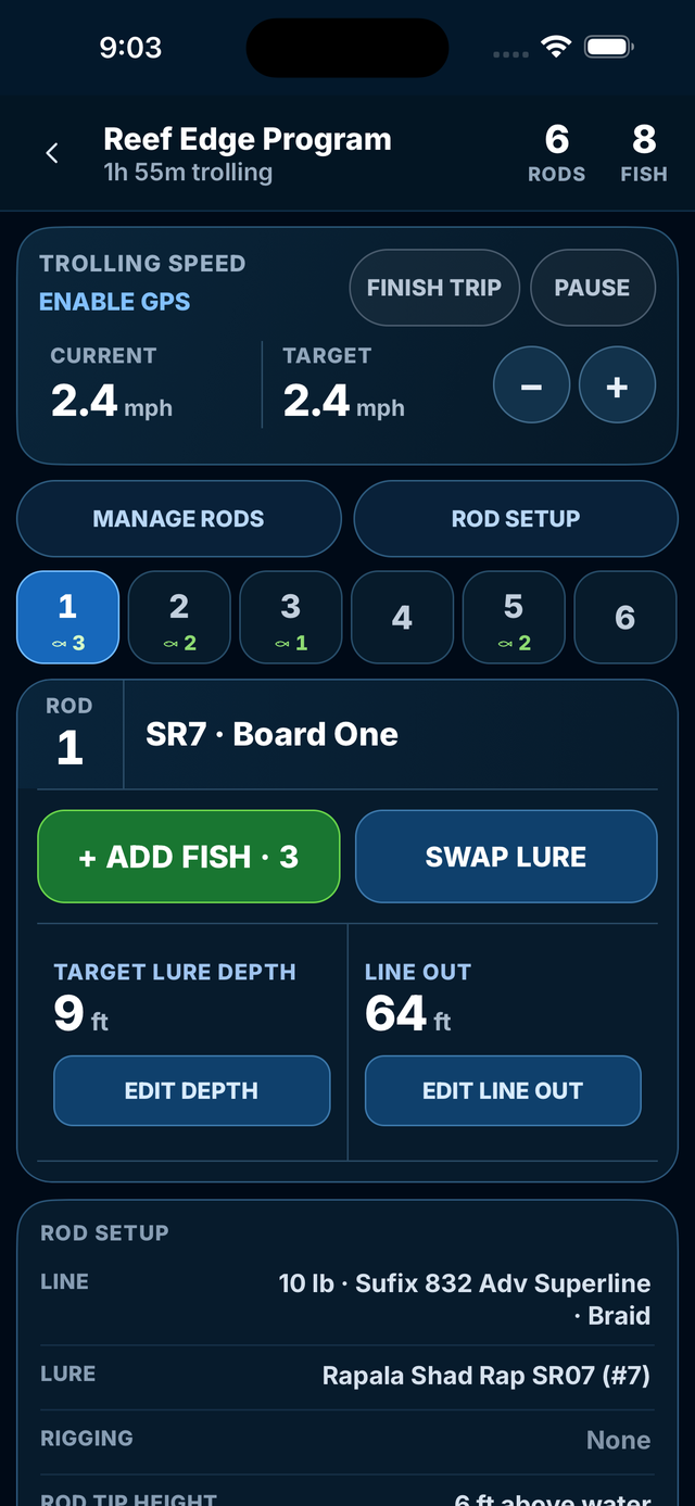 Active Trip screen with rod selection, Add Fish, Swap Lure, Edit Depth, line out, target speed, Pause, and Finish Trip