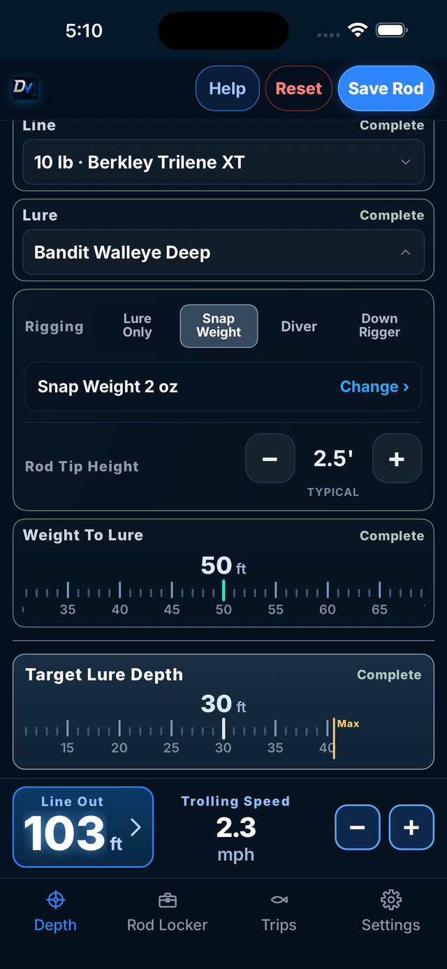 Depth screen showing a Bandit Walleye Deep, 10 pound Berkley Trilene XT, 2 ounce snap weight, 50 foot weight to lure distance, 30 foot target, 2.3 mph speed, and 103 foot line out result