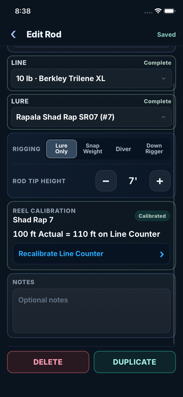 Saved bare line Shad Rap 7 rod with a calibrated reel showing 100 feet actual equals 110 feet on the line counter