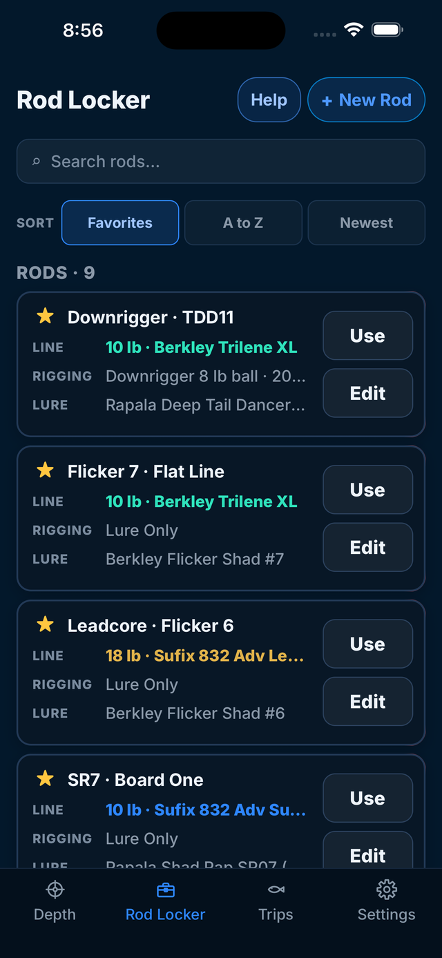 Rod Locker with named saved setups, search, Favorites sorting, and Use and Edit buttons