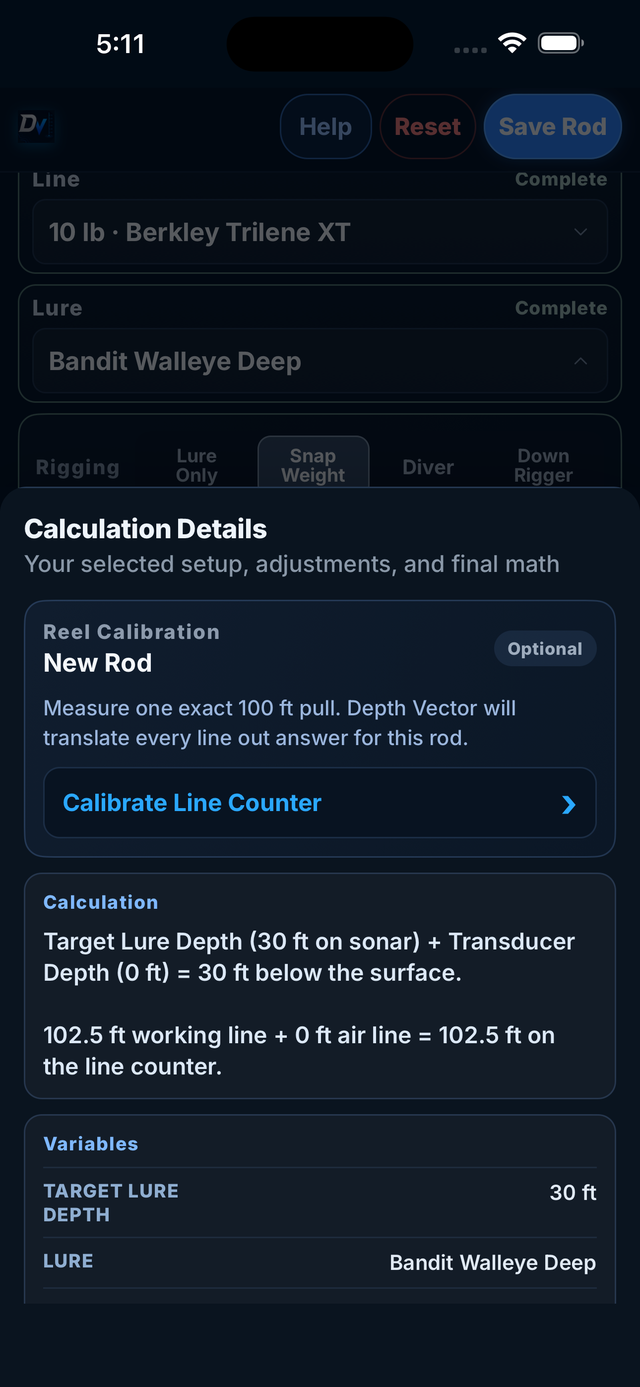 Calculation Details showing a 30 foot target below the surface and 102.5 feet of working line on the line counter