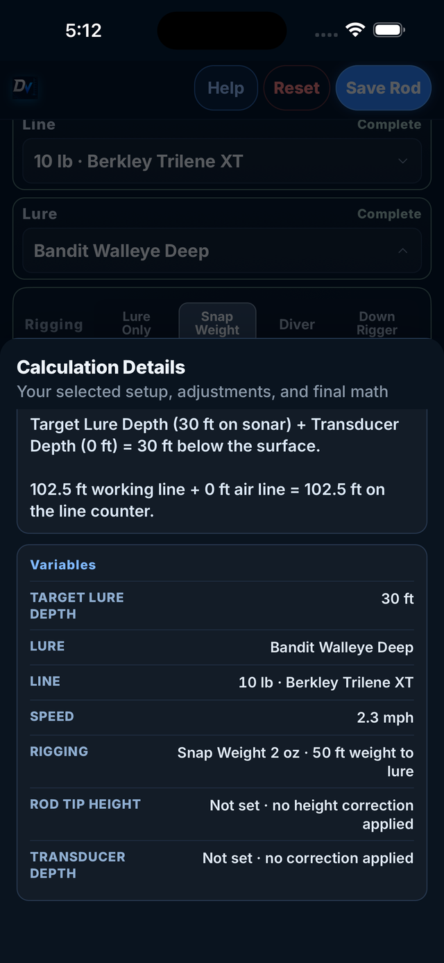 Calculation Details variables listing the target, lure, line, speed, snap weight, weight to lure distance, rod tip height, and transducer depth